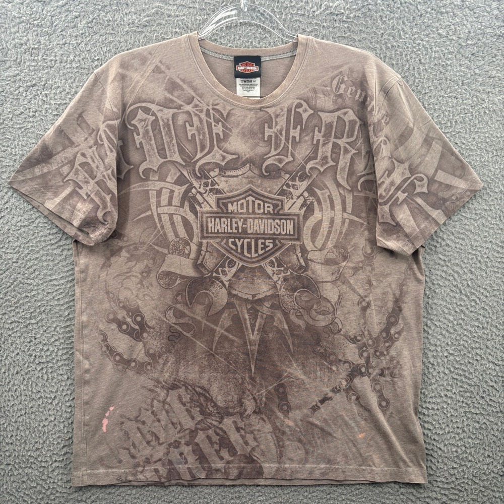 Harley Davidson T Shirt Mens L Brown Graphic Biker All Over Print Short Sleeve *